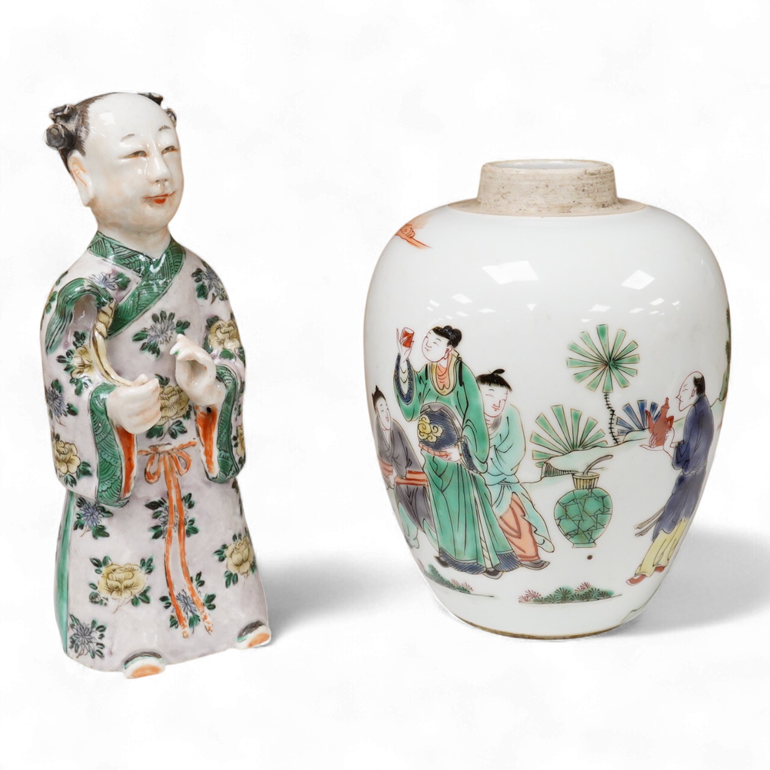 A Chinese 18th century figurine and a 20th century famille verte vase, largest 18cm high